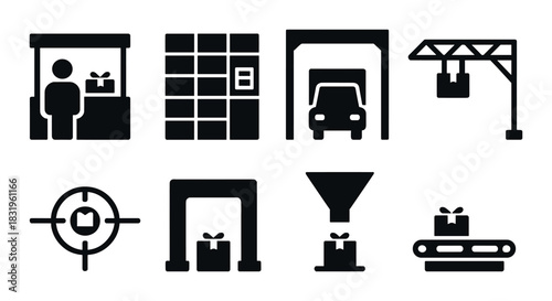 Logistics and delivery icons set: parcel, warehouse, conveyor, pickup, target