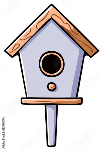 Charming cartoon birdhouse with a central circular entrance and a perch