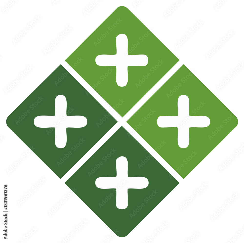 Fototapeta premium Geometric green diamond shape with four plus symbols in a modern grid pattern