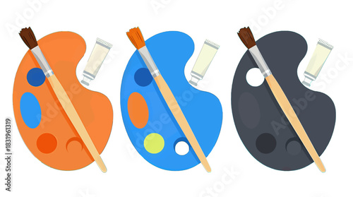 Colorful paint palettes with brushes and tubes