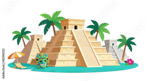 Colorful Illustration of Mayan Pyramids with Tropical Elements
