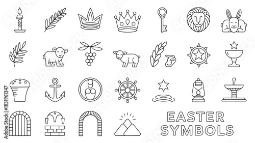 Collection of easter symbols and religious icons in a clean line art style