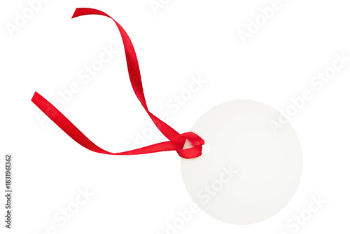 Blank white tag with with red border, red ribbon and red bow hanging isolated on white background with clipping path. Holiday Sale Concept. Design element.