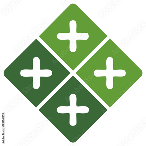 Geometric green diamond shape with four plus symbols in a modern grid pattern