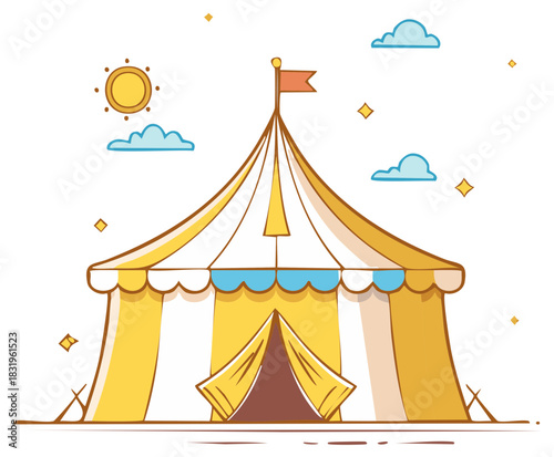 Whimsical striped circus tent under a sunny sky with clouds and stars.