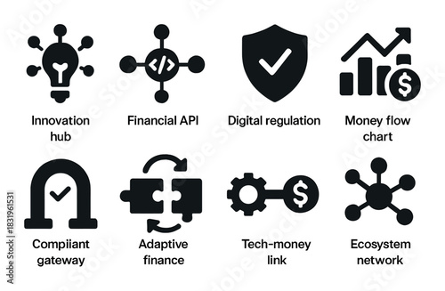 Innovation hub icons: financial api, digital regulation, money flow