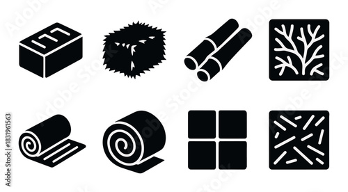 Collection of eight black and white icons representing various building materials