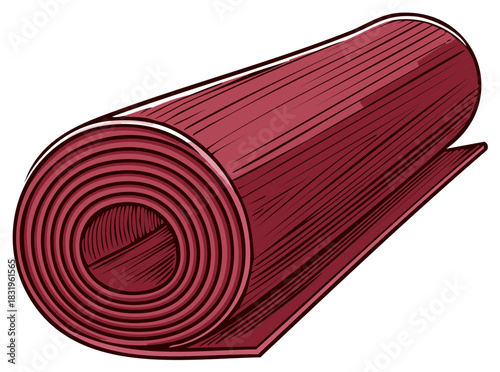 Illustration of Rolled Up Burgundy Exercise Mat for Gym, Yoga, or Pilates Practice with a Unique Artistic Graphic Design