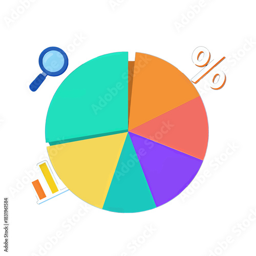 Colorful Pie Chart with Magnifying Glass and Percentage Sign