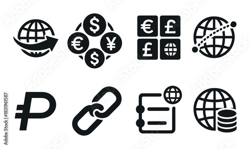 Currency exchange and global trade icons with finance and market symbols