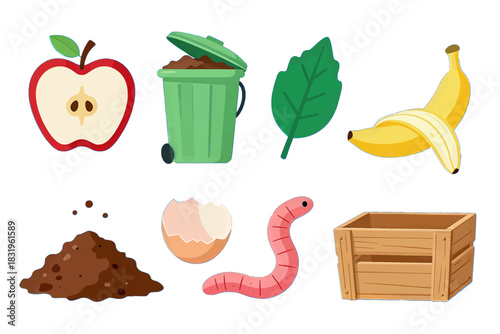 Colorful illustration of composting elements and recycling symbols