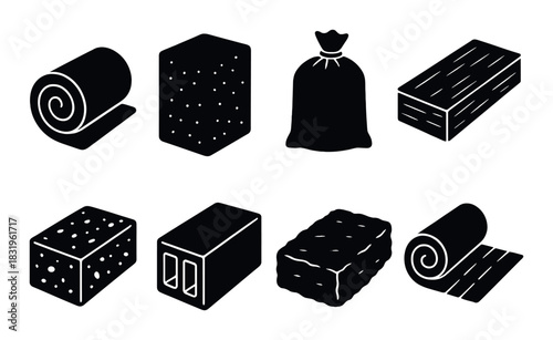 Various construction materials: insulation, brick, bag, lumber, block, plank, panel, roll