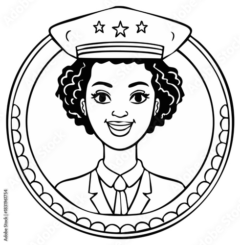 Smiling woman in a uniform hat with stars and a tie inside a decorative circular frame
