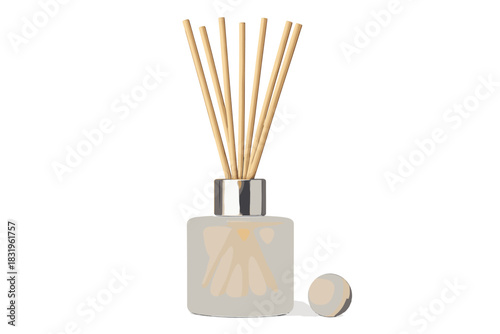 Home fragrance diffuser with reed sticks and decorative ball on a clean background