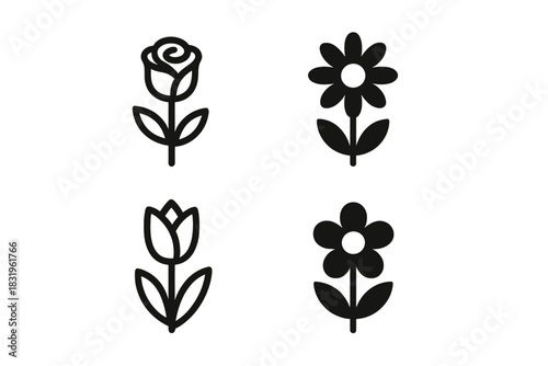 Floral designs featuring a rose, daisy, tulip, and a flower with leaves in simple black outline style