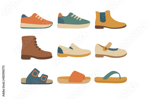 Collection of colorful footwear designs displayed in a neat arrangement showcasing various styles and types