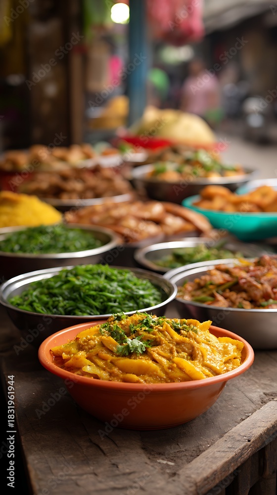 Obraz premium Vibrant street food stall with an array of delicious asian dishes