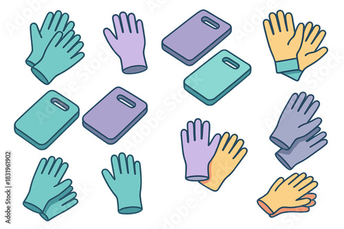 Colorful gloves and tools arranged in a playful pattern on a light background during a craft or cleaning session