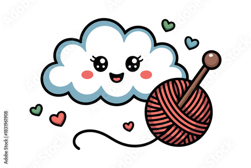 Cartoon cloud with hearts and a ball of yarn on a white background