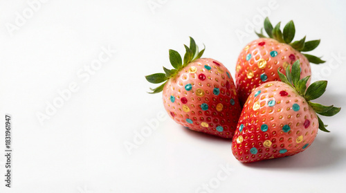 Pink Strawberrywith Colorful Polka Dots. Unique Fruit Pop Art on White background.