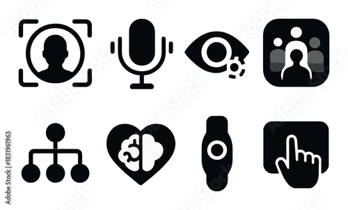 Black technology icons featuring microphone, eye, brain, touch gesture, and face recognition