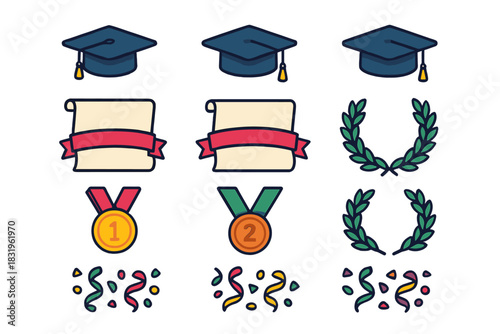Graduation celebration with caps, scrolls, medals, and festive decorations highlighting achievements