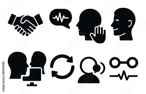 Dark themed communication and interaction icons set with various symbols