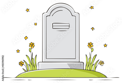 Whimsical cartoon illustration of a blank tombstone with yellow flowers and sparkling stars
