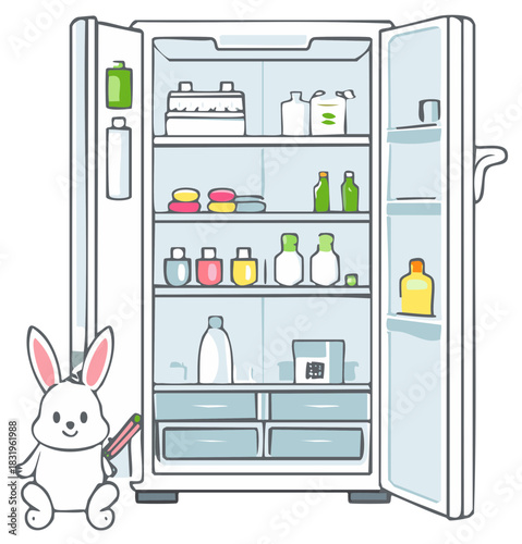 Cute cartoon bunny with a pencil standing next to an open refrigerator filled with bottles and containers