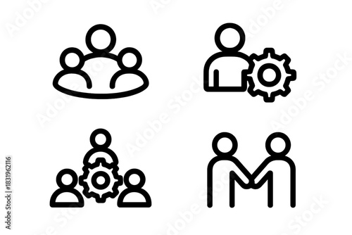 Icon set representing teamwork, collaboration, and partnership in various activities and settings