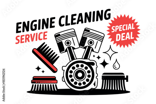 Engine cleaning service illustration with brushes and special deal sign