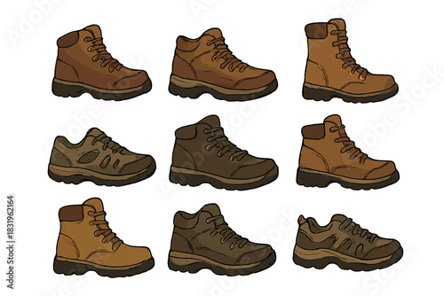 Various styles of hiking boots displayed in a grid with different designs and colors
