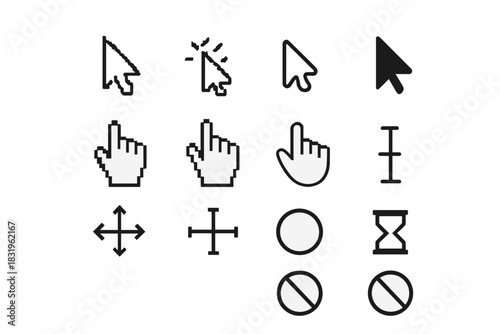 Various cursor icons displayed on a white background showing different styles and functions in digital interfaces