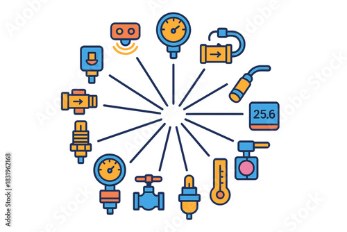 Various tools and equipment used for measuring pressure and temperature in industrial settings