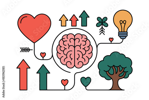 Graphic illustration of brain surrounded by heart tree and lightbulb icons