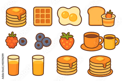 Bright and colorful breakfast spread with pancakes, fruits, and beverages in a cheerful arrangement