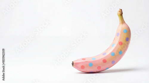 Whimsical Polka Dot Banana in Pink and Blue. Minimalist Studio Still Life of Colorful Tropical Fruit