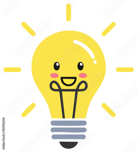 Cute smiling cartoon light bulb character glowing, an animated bright idea concept.