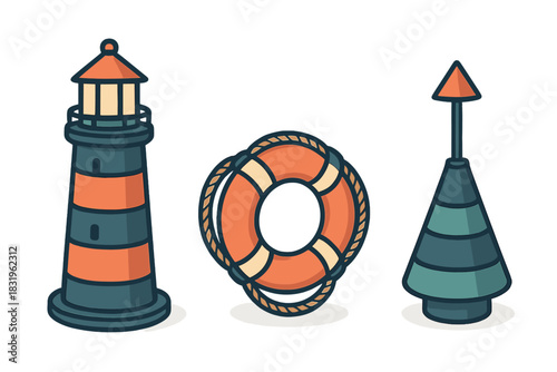 Brightly colored lighthouse, lifebuoy, and navigation marker in a maritime setting