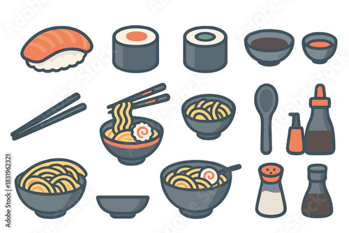 Variety of Japanese dishes with sushi, ramen, and condiments displayed on a table