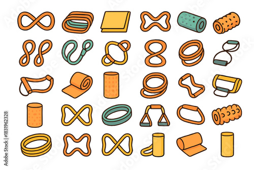 Various colorful exercise and fitness equipment shapes suitable for workouts at home or in the gym
