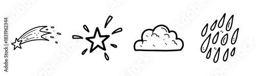 Hand-drawn meteor, star, cloud, and raindrops doodle set in black and white