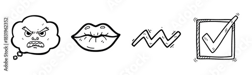Black and white cartoon symbols: angry face, lips, zigzag, checkmark