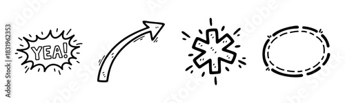 Cartoon comic elements: speech bubble, arrow, star, dashed circle