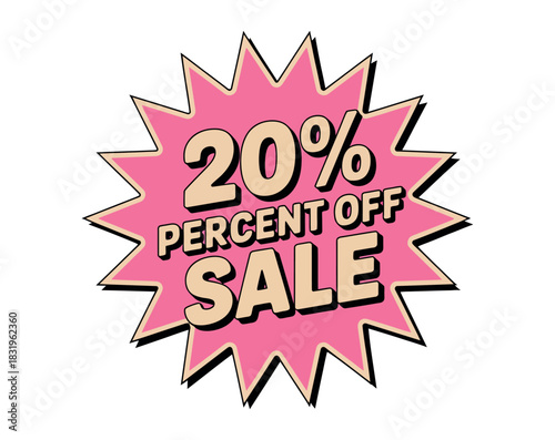 Pink starburst shaped sale sign with twenty percent off text on white background