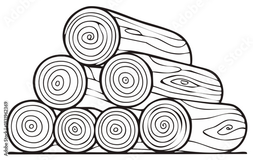 Simple black and white line art illustration of a stacked pile of firewood logs