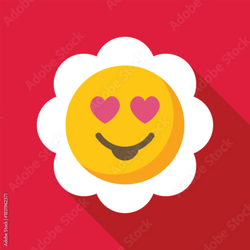 Emoji face with heart eyes, a tongue sticking out, and a white flower frame on a red background