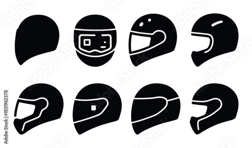 Stylized icons of various motorcycle helmet designs
