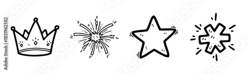 Crown, spark, star, and asterisk icon set in black and white
