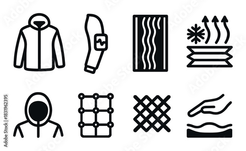 Outdoor clothing icon set: jacket, arm band, insulation, hood